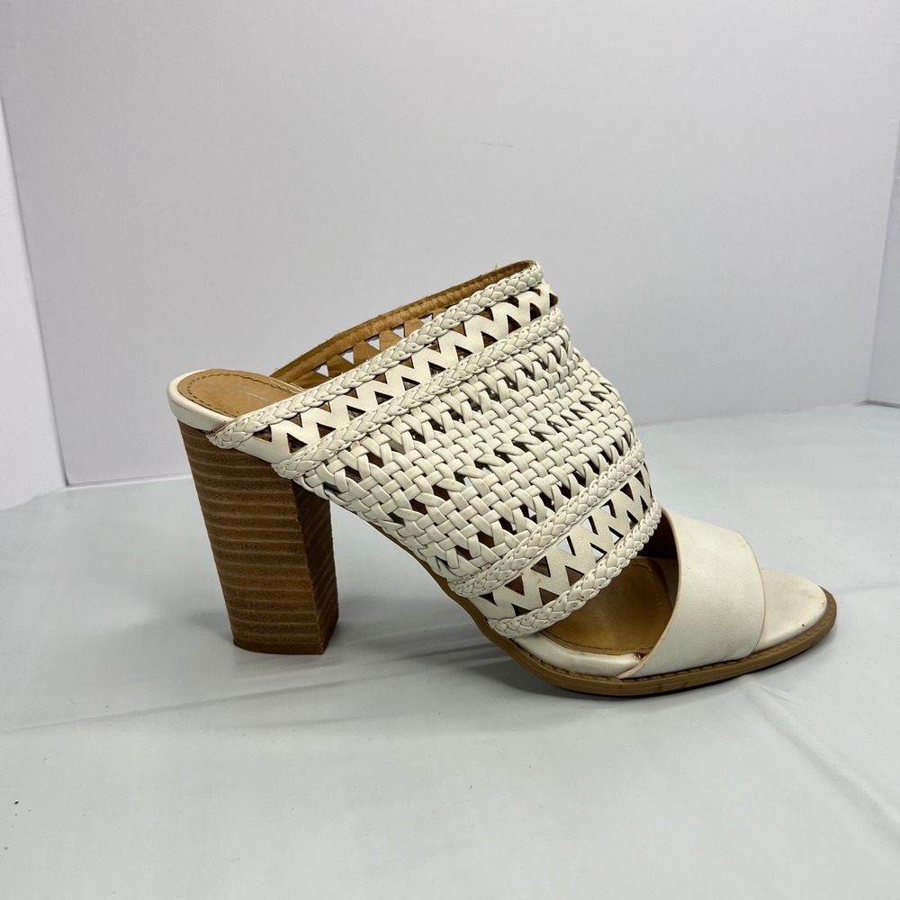 Report Raakel Woven‎ White Mule Block Heel 8.5 Boho Punch Hole Chunky Sandals